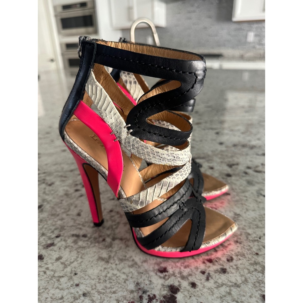 NEW L.A.M.B. Gwen Stefani Jen Neon Pink Black Python Y2K Stiletto Heels 5.5 51/2